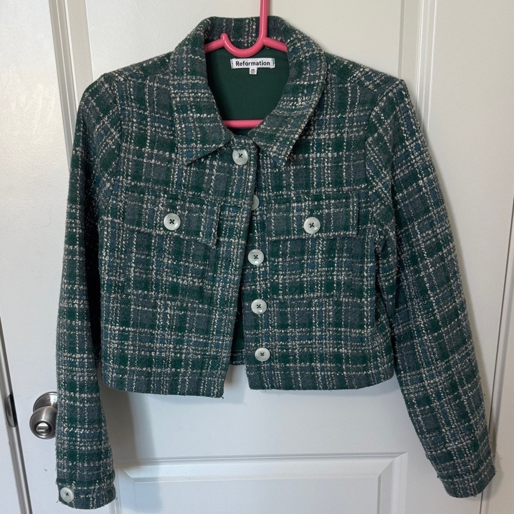 Reformation Peggy Green Checkered Blazer